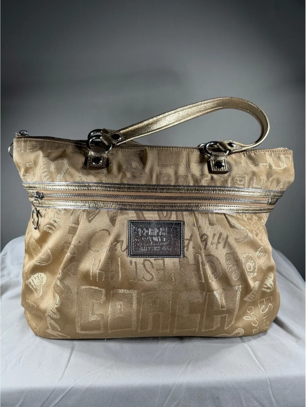 Coach Poppy Beige Tote Bag with Metallic Gold Handles